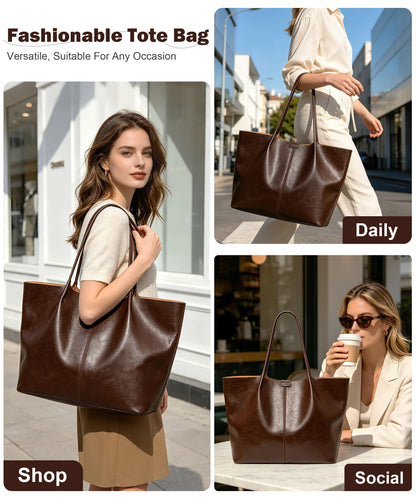 Tote Bag For Women Large Capacity Soft Leather Purse With Interior Pouch Multi-Use For Daily Commute Work Travel (Coffee-L)