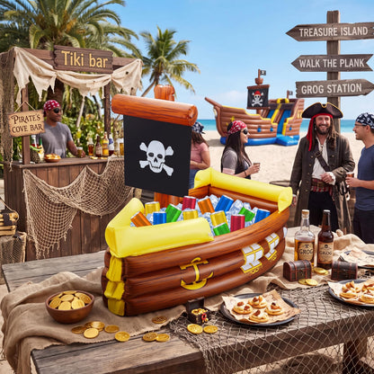 Cunhill Inflatable Pirate Ship Cooler Summer Inflatable Cooler for Birthday Gasparilla Party Decorations Pool Party Supplies Food Tray Beverage Serving Containers Ice Holder