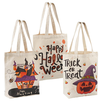 ATFUNSHOP 13.8" Large Halloween Tote Bag Trick or Treat 3 Pack Canvas Reusable Large Bucket with Handle for Kids