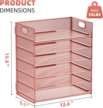 Marbrasse 2 Pack Desk Organizer with Handle, 6 Tier Paper Letter Tray, Mesh Desk File Organizer for Office, School and Home - Rose Gold