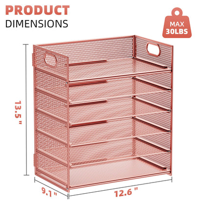 Marbrasse 2 Pack Desk Organizer with Handle, 6 Tier Paper Letter Tray, Mesh Desk File Organizer for Office, School and Home - Rose Gold