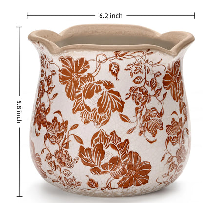 behen bahen Vintage Ceramic Planter Pot with Drainage Holes, Green Floral Design, 6.11 Inch, Distressed Tuscan Style, Indoor Plant Pot and Vase (Red Flower)