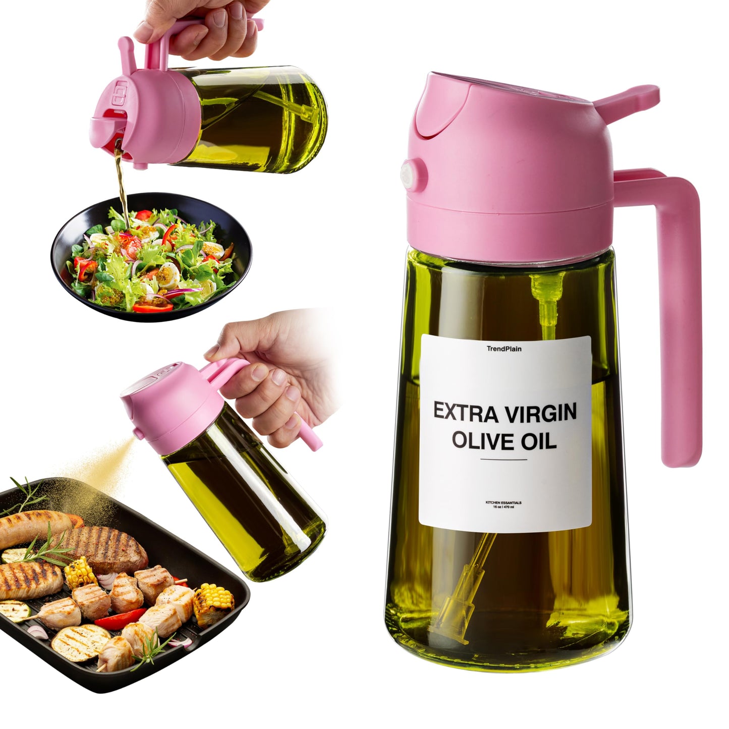 TrendPlain - Original 16oz/470ml Olive Oil Dispenser Bottle for Kitchen Gadgets and Air Fryer Accessories - Olive Oil Sprayer for Cooking w/Stickers - Black&Green