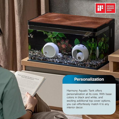 Harmony Deluxe 8 Gallon All-in-One Aquarium Kit, Award-Winning Fish Tank with Lid, Integrated Filtration, LED Light, Low-Iron Glass, Black Tank with Cherry Grain Top