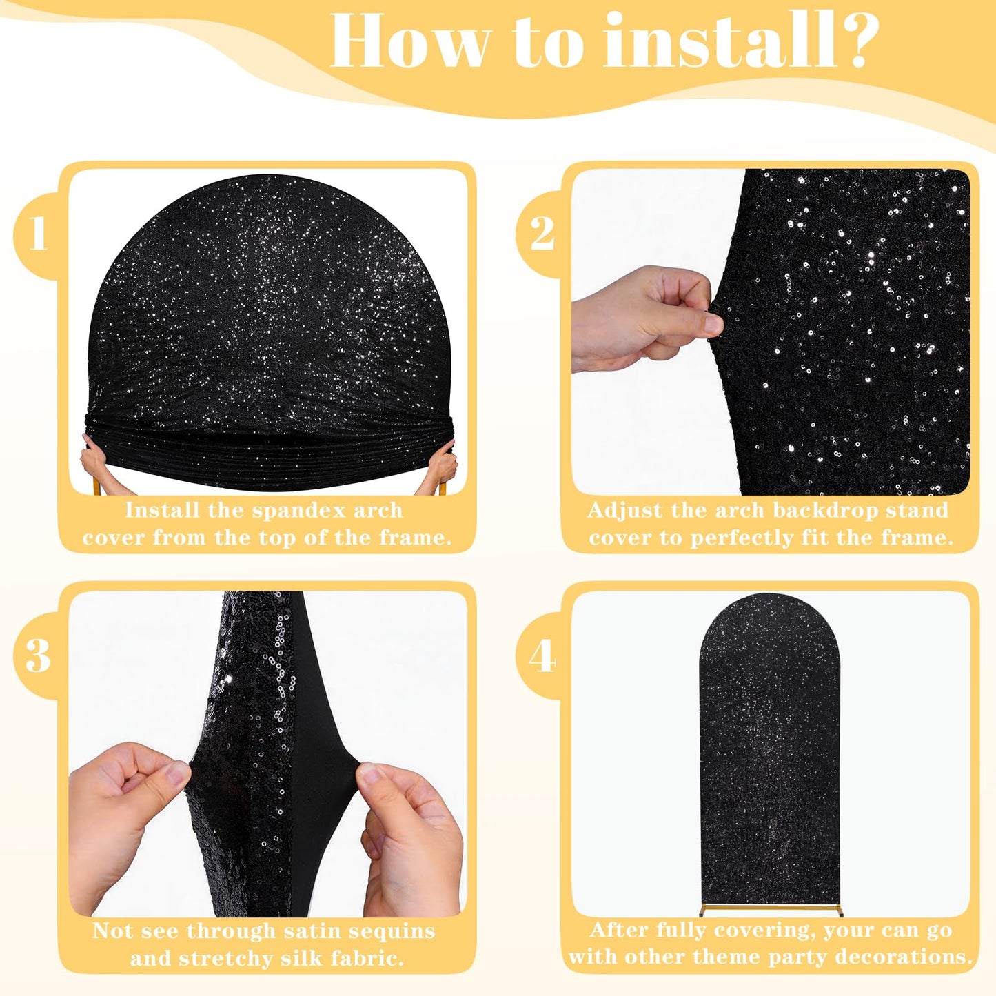 Set of 3 Black Arch Backdrop Covers Sequin Backdrop Arch Cover for Wedding Party Halloween Graguation Birthday Flower Balloon Stand(7.2ft, 6.6ft, 6ft)