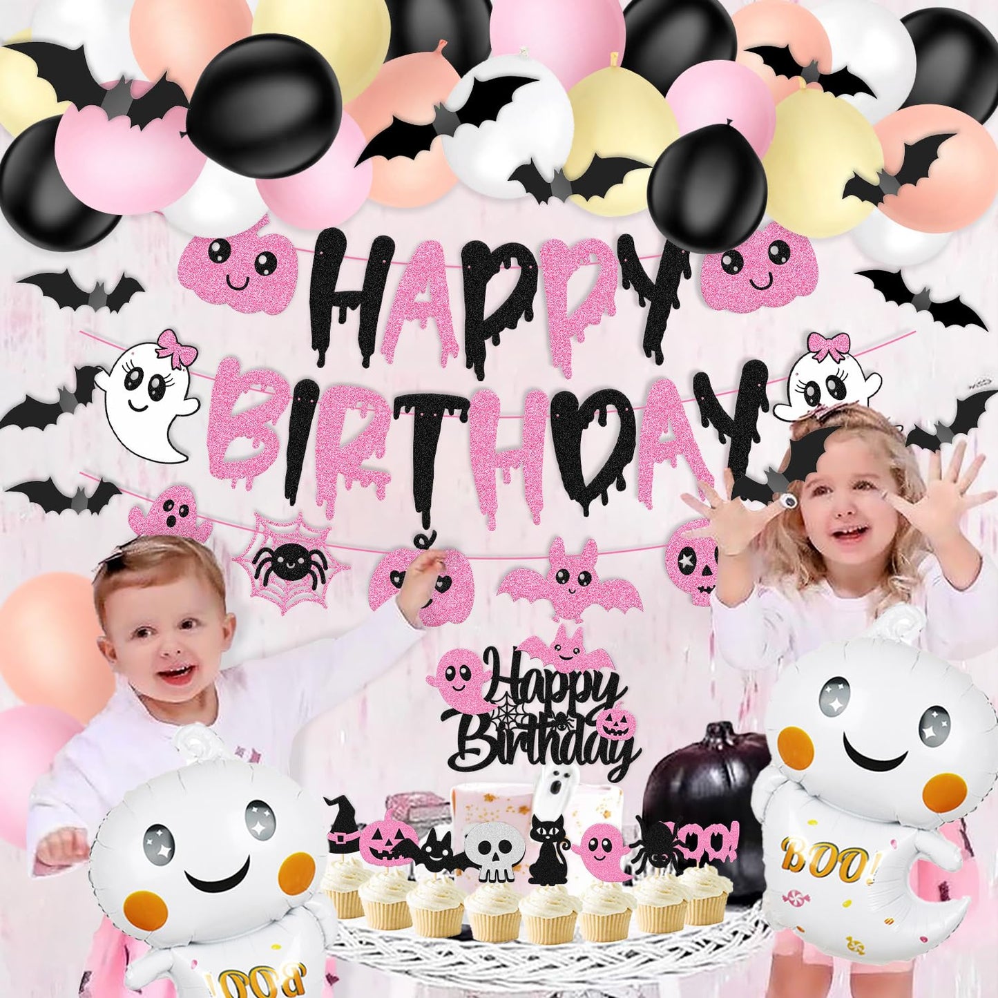 67 Pcs Halloween Birthday Decorations Pink Black Birthday Banner Cake Topper Cupcake decoration Bat Wall Stickers Halloween Theme Balloons Happy Bday Party Supplies