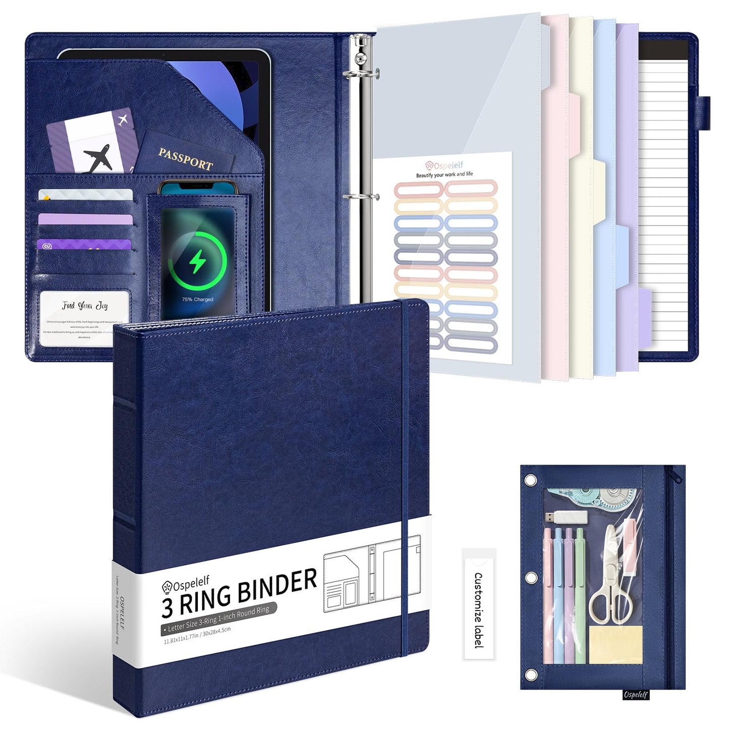 Ospelelf Leather 3 Ring Binder for Letter Size Documents with Durable Pocketed Dividers, Storage Bag & Notepad, 1 Inch Round Rings, Holds 175 Sheets, for Office School Home Organization, Deep Blue