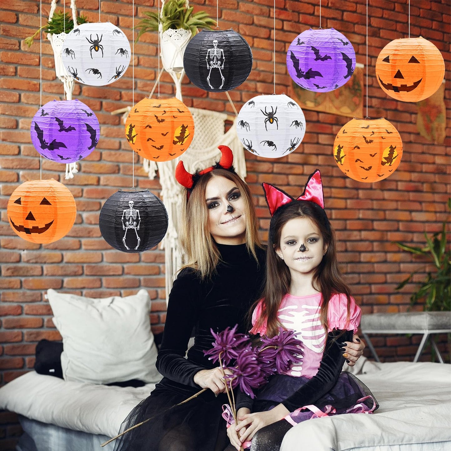 10-Pack Halloween Paper Lanterns Set – 10" Hanging Pumpkin Skeleton Bat Spider Witch Lanterns for Indoor Outdoor Halloween Party, Porch, Classroom Decorations