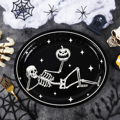 JarThenaAMCS 50Pcs Halloween Oval Paper Plates 10" x 12" Large Black White Skeleton Pumpkin Disposable Plates Spooky Platters for Halloween Holiday Party Tableware Supplies