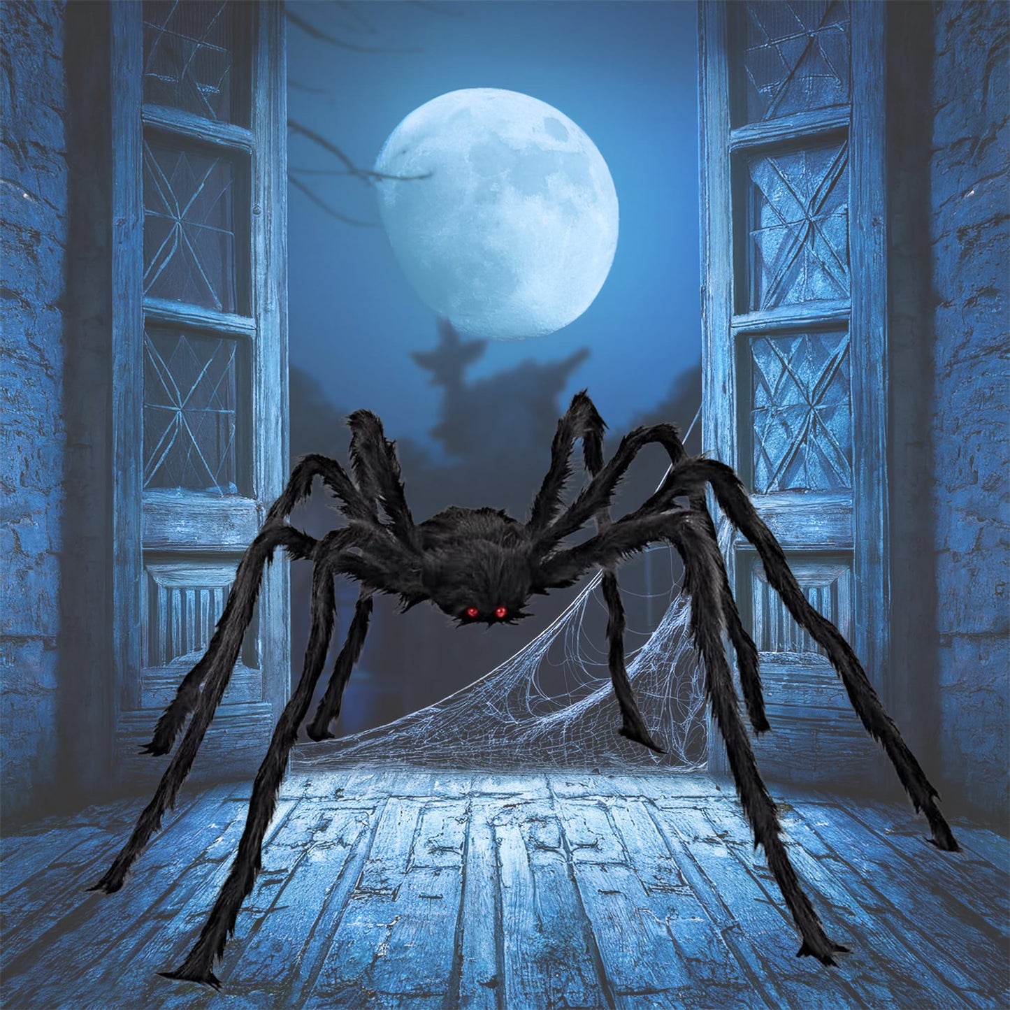 JIEFULL Halloween Decoration Giant Spider, 5 Ft Scary Hairy Spider - Black, Brown & White, Large Props for Halloween Outside Haunted House Yard Lawn Home Decor (Black)