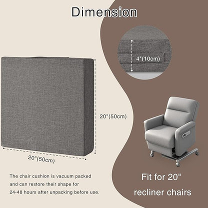 OVOV Recliner Cushions for Elderly 20"x20"x4" Thick Seat Cushion for Recliner Chair Large Square Non Slip Chair Pads with Washable Cover for Armchair Couch Light Grey
