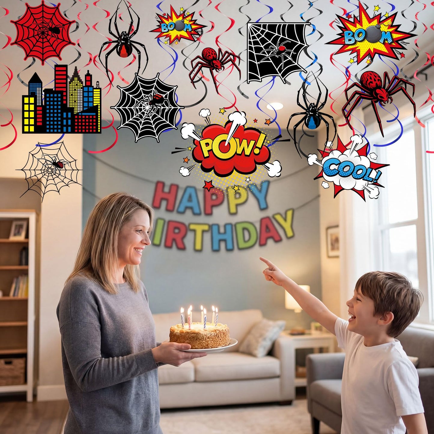 Geyoga 54 Pcs Spider Party Hanging Decor Spider Birthday Hanging Swirl Cityscape Decoration Swirls Hero Decor for Hero Birthday Party Supplies Decoration
