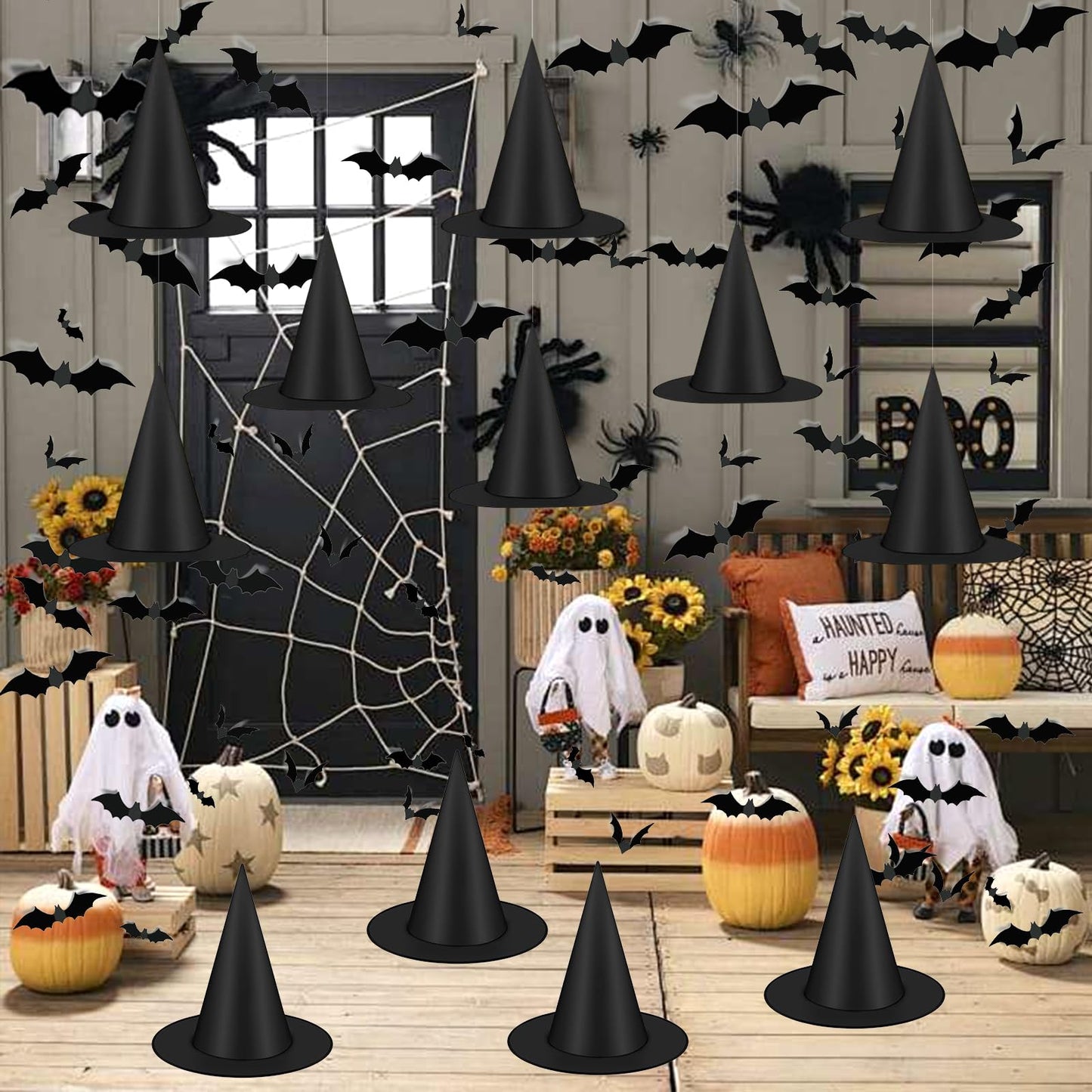 Famoby 12pcs Halloween Black Witch Hat with 157 FT Nylon Cord &120pcs Bat Sticker for Indoor Outdoor Home Yard Porch Ceiling Halloween Party Decorations