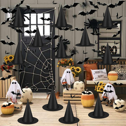 Famoby 12pcs Halloween Black Witch Hat with 157 FT Nylon Cord &120pcs Bat Sticker for Indoor Outdoor Home Yard Porch Ceiling Halloween Party Decorations
