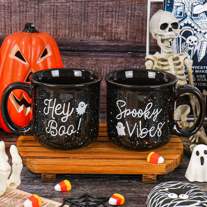 JarThenaAMCS 2Pcs 15oz Halloween Coffee Mugs Black White Ghost Ceramic Cups with Handle Hey Boo Drinking Mugs for Halloween Birthday Holiday Party