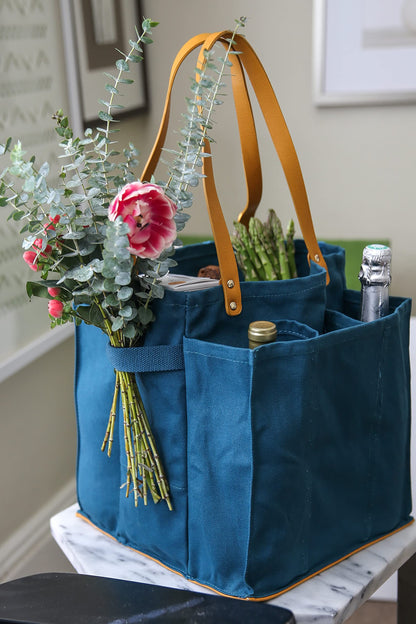 CapaBunga Farmer's Market Tote Shopping Bags with Handles - 7 Pocket Large Utility Tote Bag - Heavy Duty Canvas Utility Bag with Vegan Leather Base - Reusable Tote Bag - Petrol Blue Grocery Bag
