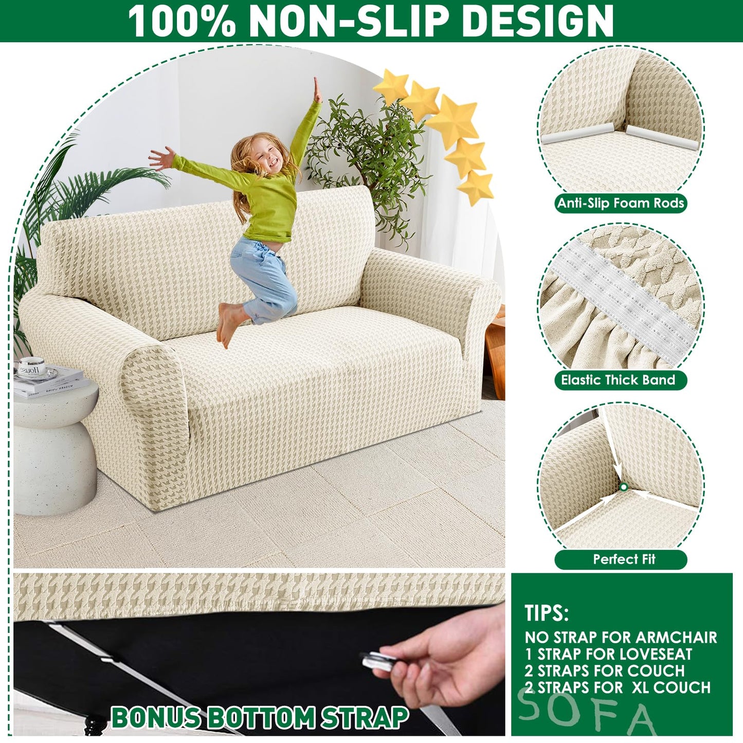 MAXIJIN Stretch Couch Cover Sofa Covers for 3 Cushion Couch (71"-91" Washable Sofa Slipcovers with Non-Slip Foam & Elastic Strap, Dog Cat Pet Friendly Furniture Protector (Large, Beige)