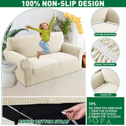 MAXIJIN Stretch Couch Cover Sofa Covers for 3 Cushion Couch (71"-91" Washable Sofa Slipcovers with Non-Slip Foam & Elastic Strap, Dog Cat Pet Friendly Furniture Protector (Large, Beige)