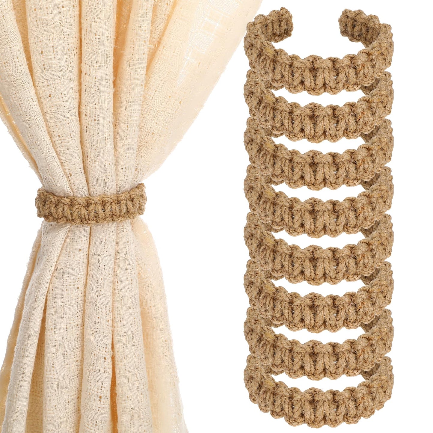 8 Pack Braided Curtain Tieback Rustic Drapes Holdback Boho Curtain Tie Backs Farmhouse Curtains Tie Holder Handmade Drape Rope Tieback for Home Office Sheer Weight Decor Drapery Straps Indoor