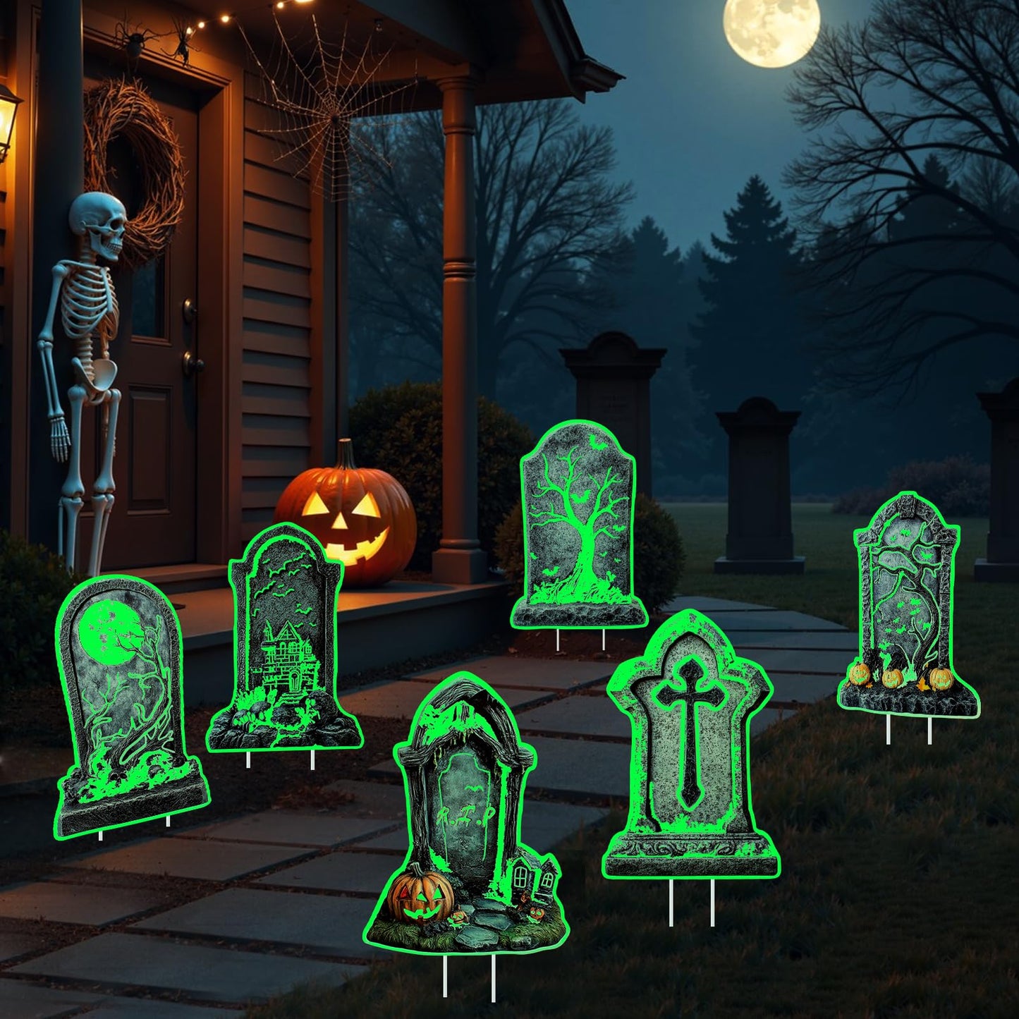 Halloween Tombstone Decorations Outdoor, 6PCS 14" Glow in the Dark Graveyard Yard Signs with Stakes, Haunted Gravestones Lawn Signs for Halloween Cemetery Garden Yard Decoration Supplies