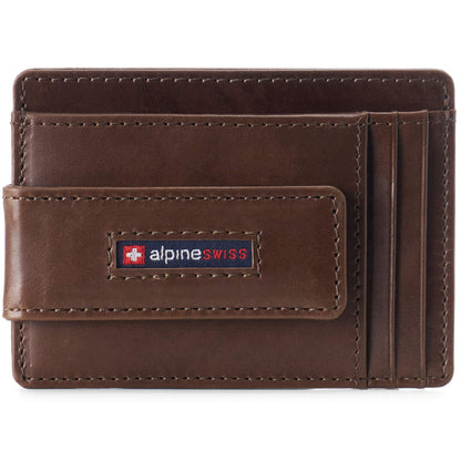 Alpine Swiss Harper Mens RFID Slim Front Pocket Wallet Magnetic Money Clip ID Card Holder Leather Glossy Nappa Brown