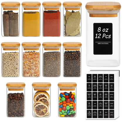 ComSaf 16Pcs Glass Spice Jars with Bamboo Lid, 4oz Airtight Square Spice Containers with 275 Black Lables, Empty Seasoning Jars for Spice Salt Sugar