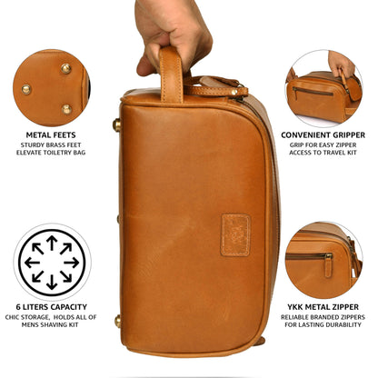 DHAMPOOH Premium Leather King Size Toiletry Travel Pouch – Handcrafted Dopp Kit Bag with Waterproof Lining, Spacious Design for Travel Essentials, Elegant Tan Finish