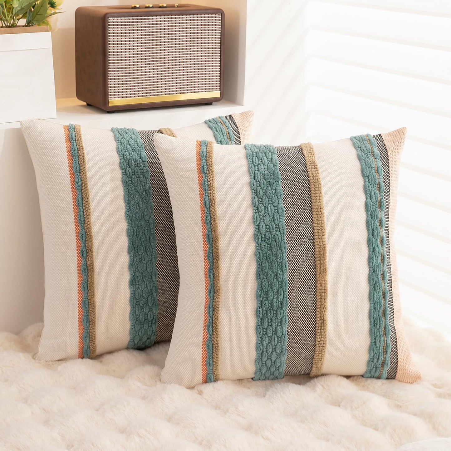 Boho Throw Pillow Covers 18x18 Set of 2 Farmhouse Decorative Cushion Case Striped Square Pillows Cover Chenille Pillow Cases Accent Neutral Pillowcase for Sofa Couch Bed,Sky Blue