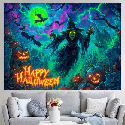 BlissYard Happy Halloween Blacklight Tapestry Neon Glow in the Dark Witch Pumpkin Bat UV Reactive Horror Wall Hanging for Bedroom Living Room Dorm Gothic Party Decor 78x59 Inch