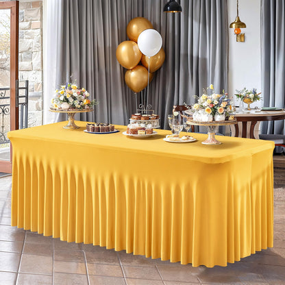 PARTISKY Golden Spandex Tablecloth for 6ft Rectangle Tables, Stretchable Table Cover Skirt for Folding Tables Weddings Parties Banquets Events Trade Shows and Dessert Table