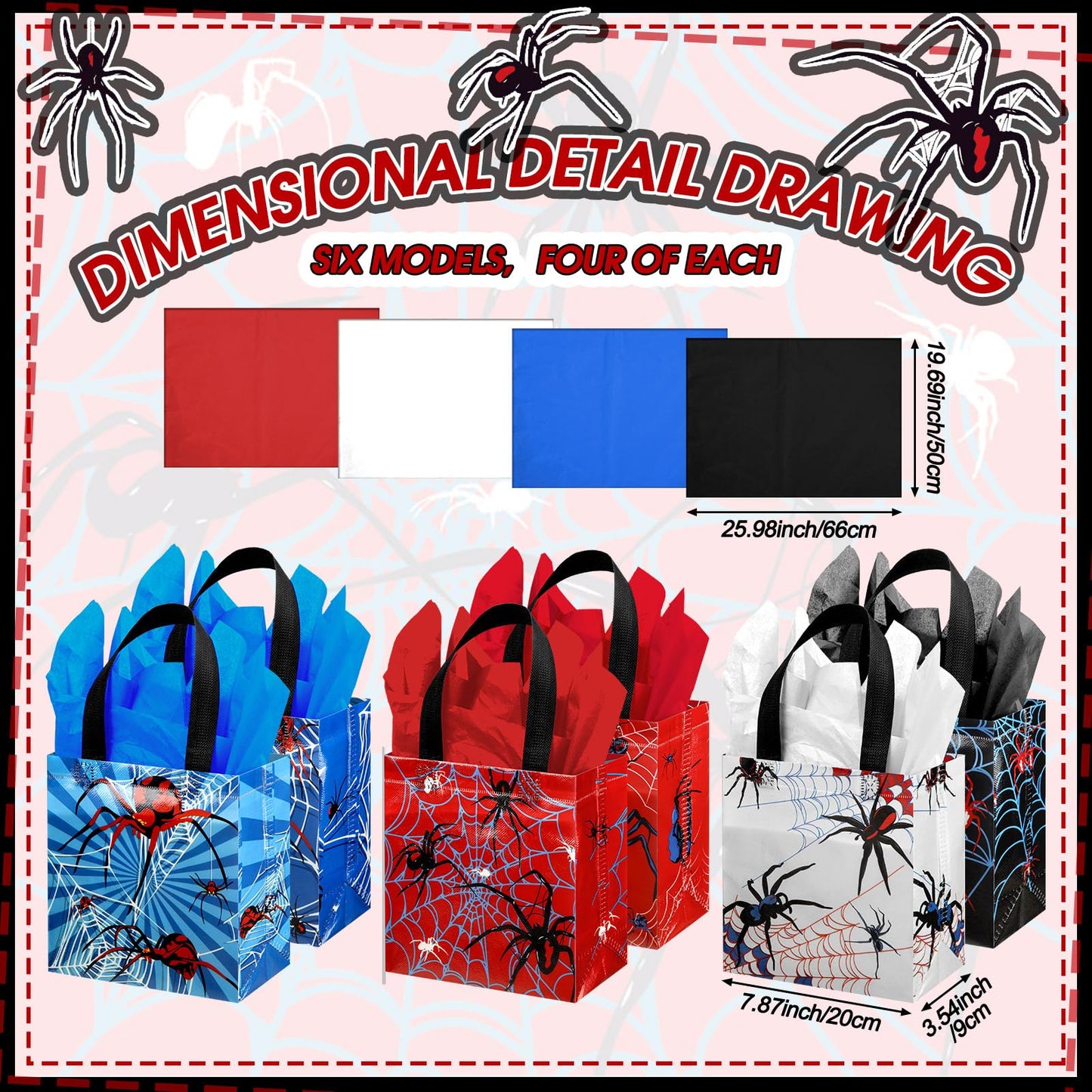 GliCraft 24 Pcs Spider Gift Bags with Tissue Paper Reusable Spider Party Favors Bags with Handle Spider Birthday Party Decorations Double Sided Spider Printed Goodie Candy Bags for Spider Party Favor