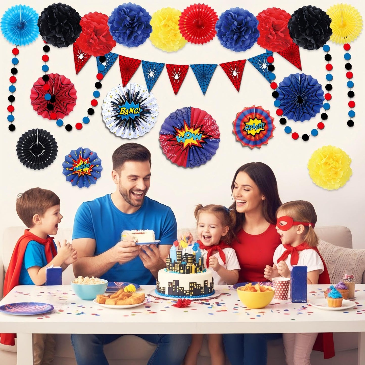 Blosssound 26 Pieces Spider Birthday Party Decorations - Paper Fans, Pompom Paper Flowers, Pre-Strung Pennant Banner, Dots Garland, Cards Set for Spider Web Super Themed Party Decor Supplies