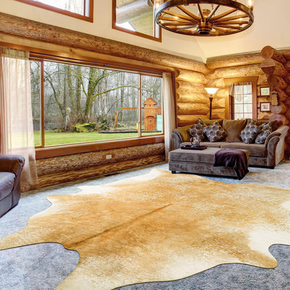 Rtizon Washable Cowhide Rug for Living Room, Large 6x7 Khaki Faux Cow Print Area Rugs, Non Slip Animal Skin Bedroom Carpet, Rustic Western Home Decor Fake Hide Floor Mat for Office Fireplace