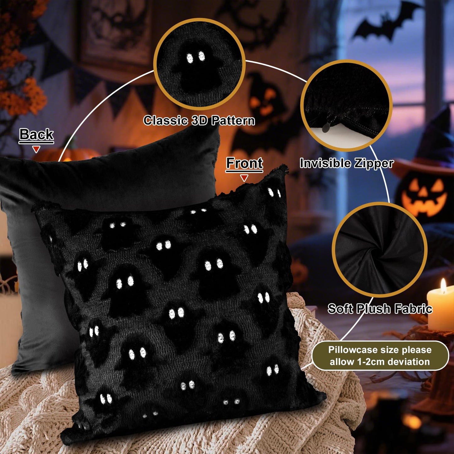 Lanpn Halloween Pillow Covers 18x18 Set of 2, Ghost Throw Pillowcases Soft Plush Faux Fur Wool Decorative Pillow Cover 18x18 Cushion Covers for Sofa Couch Chair Bed Halloween Home Decor (Black)