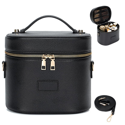 BAGOK Leather Vanity Case Makeup Bag with Removable Divider, Washable Compartments, Dual Zipper & Carry Handle – Travel Toiletry Organizer for Women