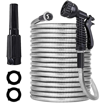 75ft Stainless Steel Garden Hose with 2 Nozzle Flexible Water Hose Lightweight Portable Tangle Free Metal Pipe for Patio Lawn Outdoor Heavy Duty Watering Water Pipe