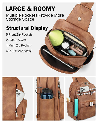 FADEON Large Sling Bag for Women, Leather Crossbody Purse Designer Anti Theft Sling Backpack, RFID Fanny Packs for Travel