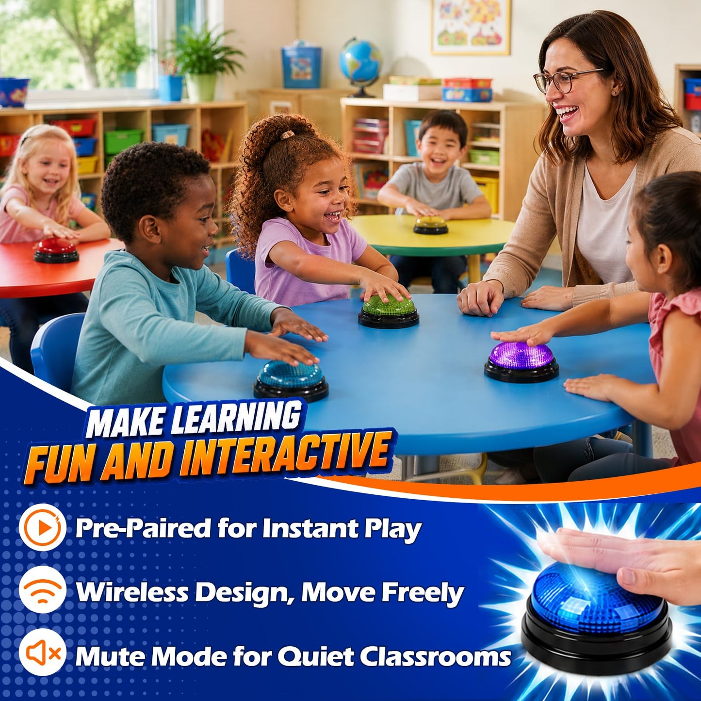Buzzers for Trivia Games and Family Party: 8 Pack Answer Buzzers with Remote Control - Game Buzzers with Light & Sound First-Press Lock for Classroom Quiz