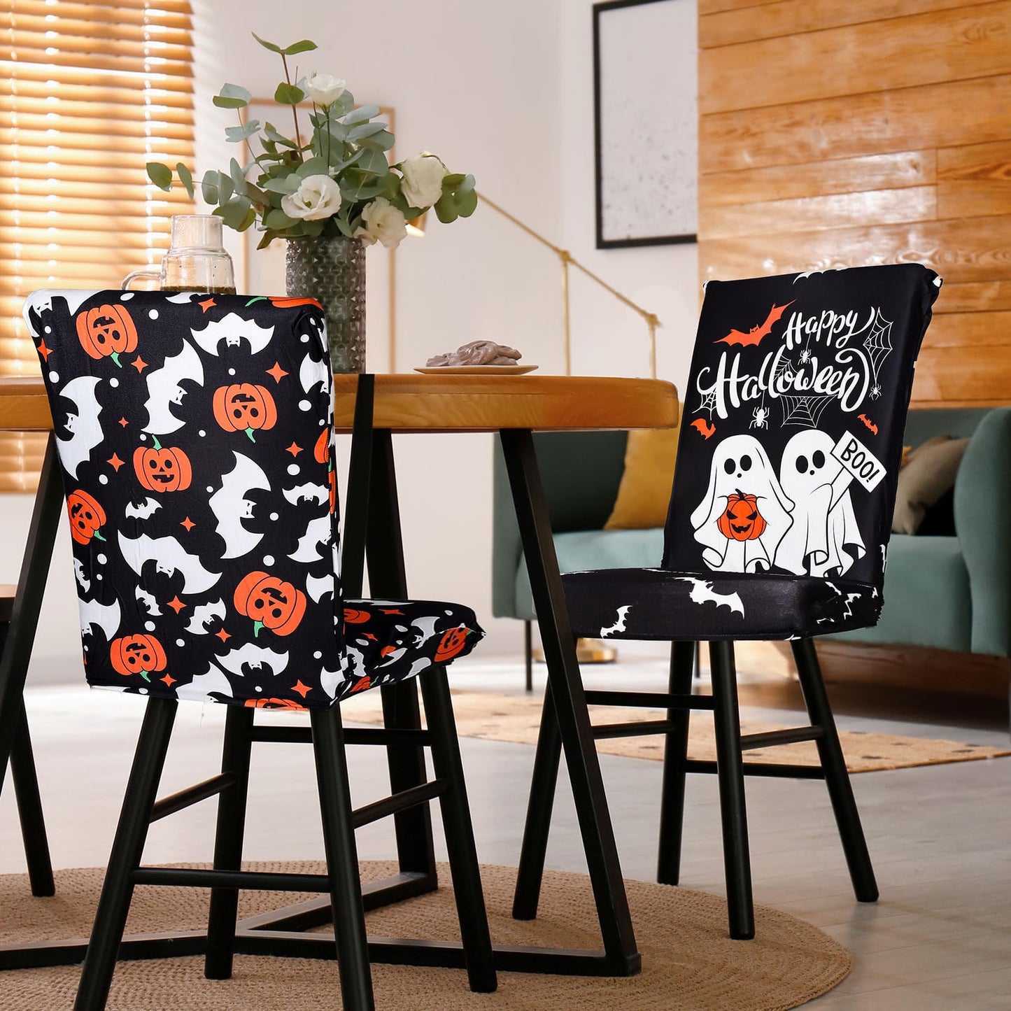 JarThenaAMCS 8Pcs Halloween Chair Covers Spooky Ghost Pumpkin Bat Dining Chair Slipcovers Black Removable Seat Covers for Home Kitchen Hotel Restaurant Decor