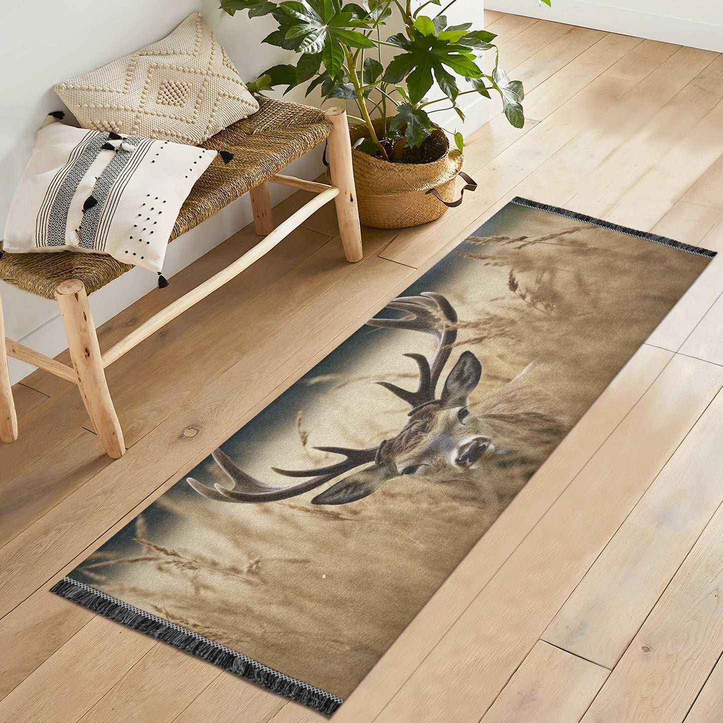 YETTASBIN Deer Runner Rug 2' X 6', Anti Fatigue Large Floor Mat Soft Absorbent Washable Linen Area Rug with Non-Slip Rubber Back for Entryway, Bedroom, Hallway, Kitchen
