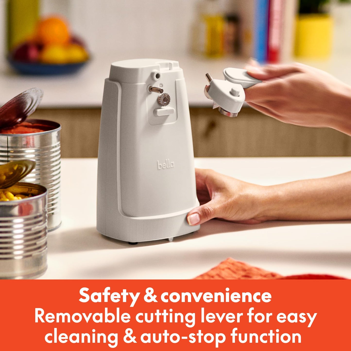 bella Electric Can Opener and Knife Sharpener, Multifunctional Jar and Bottle Opener with Removable Cutting Lever and Cord Storage, Stainless Steel Blade, Surf