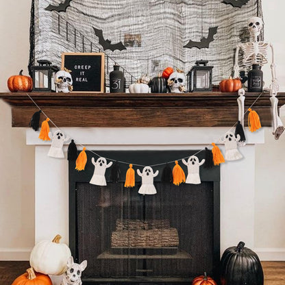 Halloween Ghosts Garland - Macrame Halloween Decor, Halloween Party Decor, Halloween Ghosts Hanging Decorations, Halloween Ghosts Tassel Banner Decor