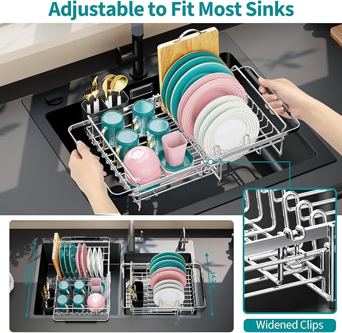 Urackify Expandable Stainless Steel in Sink Dish Drying Rack, Dish Rack Over Sink, Rustproof Dish Drainer for Kitchen Counter, Dish Strainer with Utensil Holder, Fit Sink for 13"-18", Silver