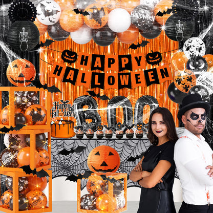 Halloween Party Decorations, Halloween Decorations Kit includes Ghost Balloons Boxes Spider Web Tablecloth Black Orange Foil Curtains, Boo Party Supplies for Home Birthday Decoration