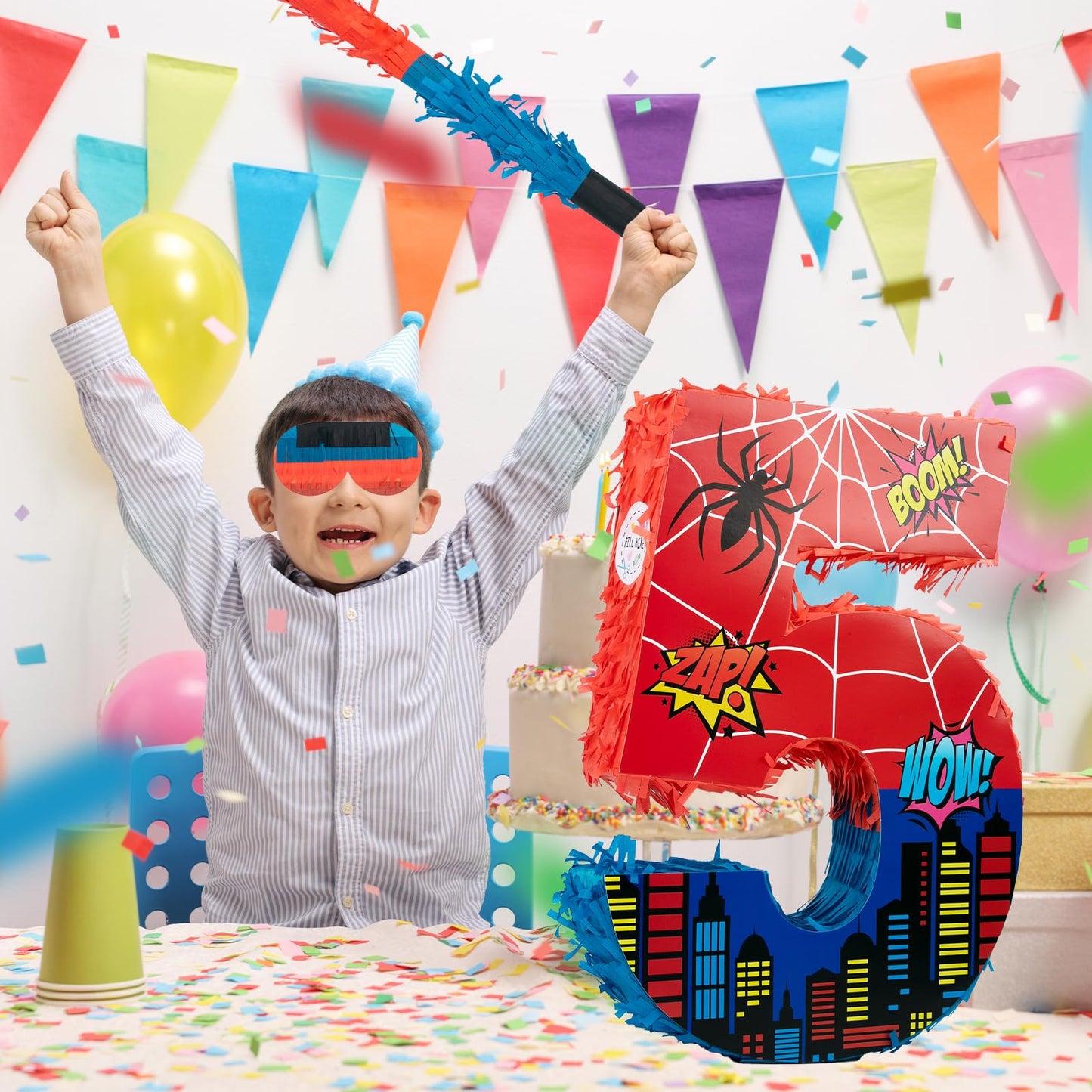 Number 5 Spider Pinata Bundle with 16 Inch Piñata Stick Blindfold Confetti for Hero Birthday Party Decoration Anniversary Celebration Gift Spider Party Favors for Kids, 16 x 11.6 x 2.4 Inch