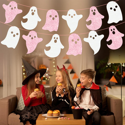 Halloween Party Supplies Halloween Hanging Ghost Banner 2PCS Glitter White Pink Ghost Birthday Party Cutout Banner for Home Haunted Houses Baby Shower Decor