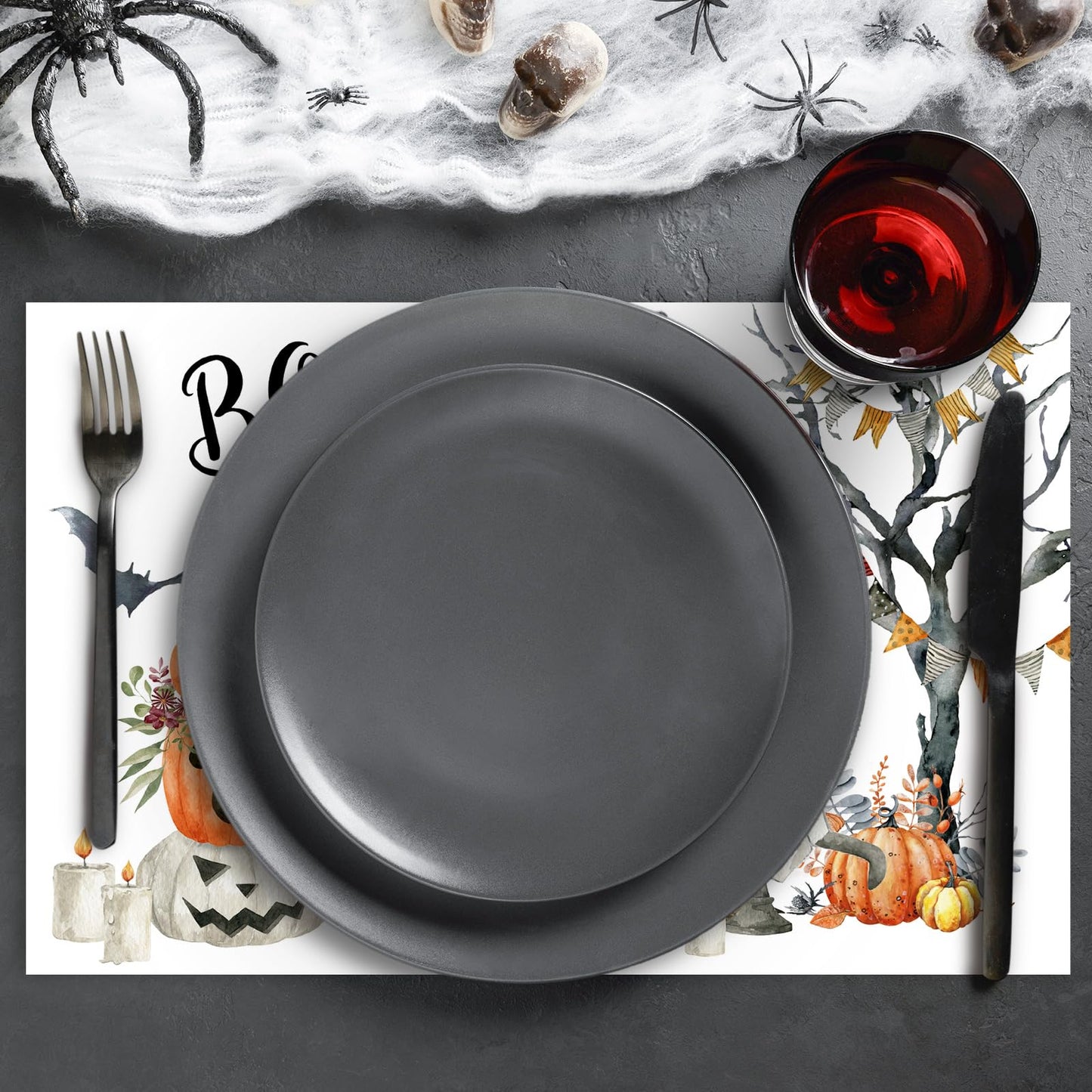 JarThenaAMCS 50Pcs Halloween Boo Paper Placemats Ghost Pet Pumpkin Dining Table Mats Disposable Place Mats for Home Kitchen Restaurant Party Decor, 11 x 17 Inch