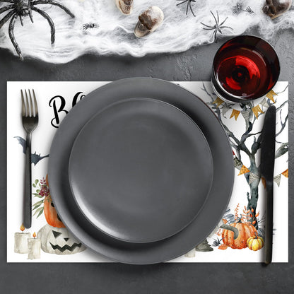 JarThenaAMCS 50Pcs Halloween Boo Paper Placemats Ghost Pet Pumpkin Dining Table Mats Disposable Place Mats for Home Kitchen Restaurant Party Decor, 11 x 17 Inch