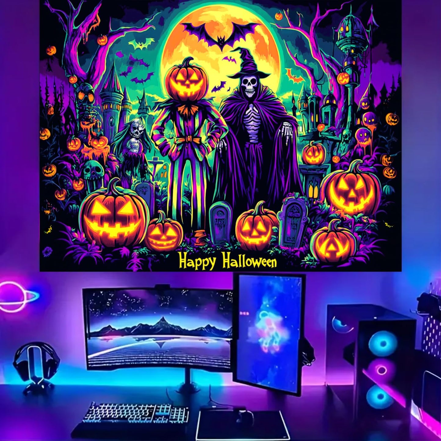 BSFHH Black Light Tapestry – UV Reactive Glow in the Dark Wall Hanging, Spooky Night Scene with Ghosts & Pumpkins, Haunting Home Decor for Parties, Bedroom, or Dorm (Witches & Bats, 90L" x 70W", Unframed)