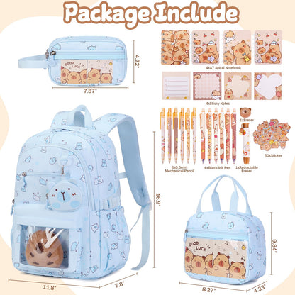Similove Capybara Theme Backpack for School Girls, 35PCS Kids Backpack Set with School Supplies Stationery Kit Lunch Box Pencil Case, Cute Girls Bookbag for Kindergarten Elementary Student